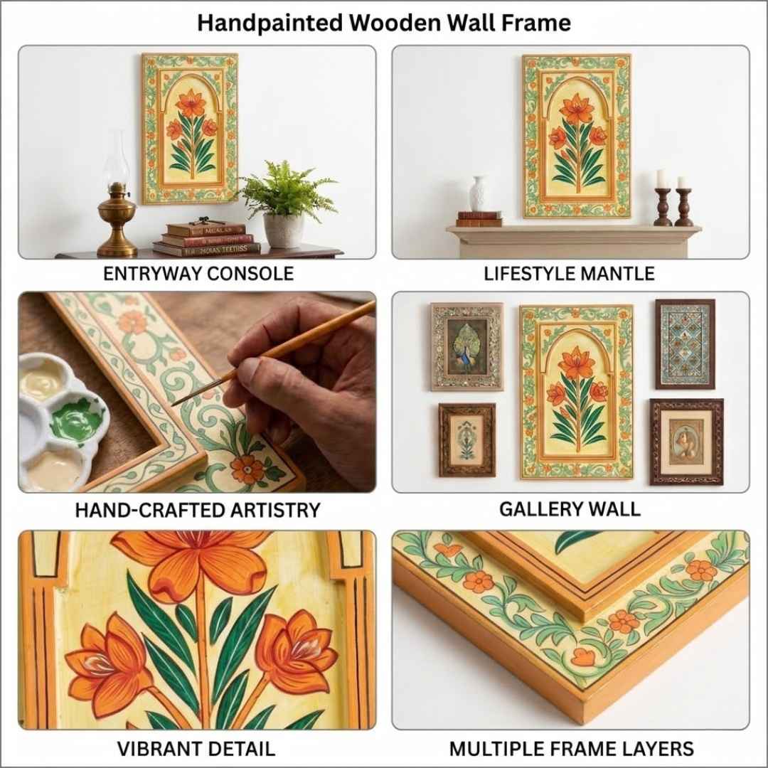 Atrangi Studio Wooden wall frame - Kesari saffron floral handpainted wooden wall frame styling ideas and detail views