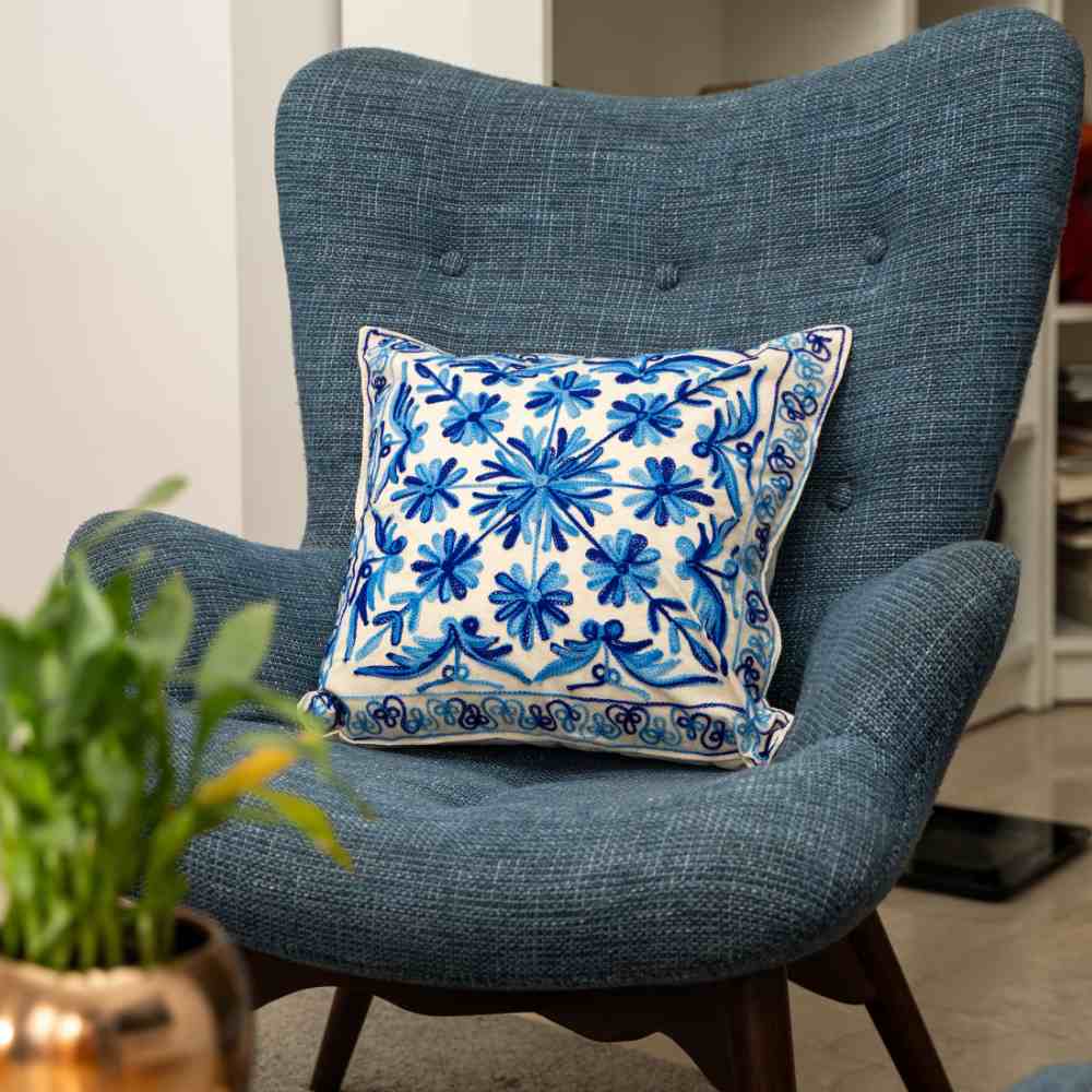Blue Bliss Aari Embroidery Cushion Cover (Set of 2)