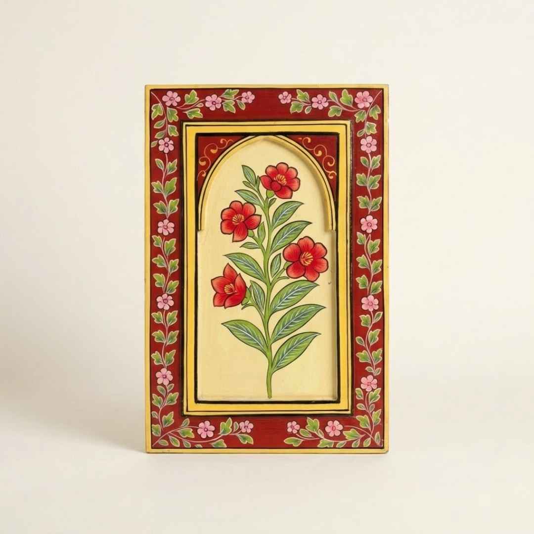 Atrangi Studio Wooden wall frame - Gulnar red handpainted wooden wall frame with floral artwork
