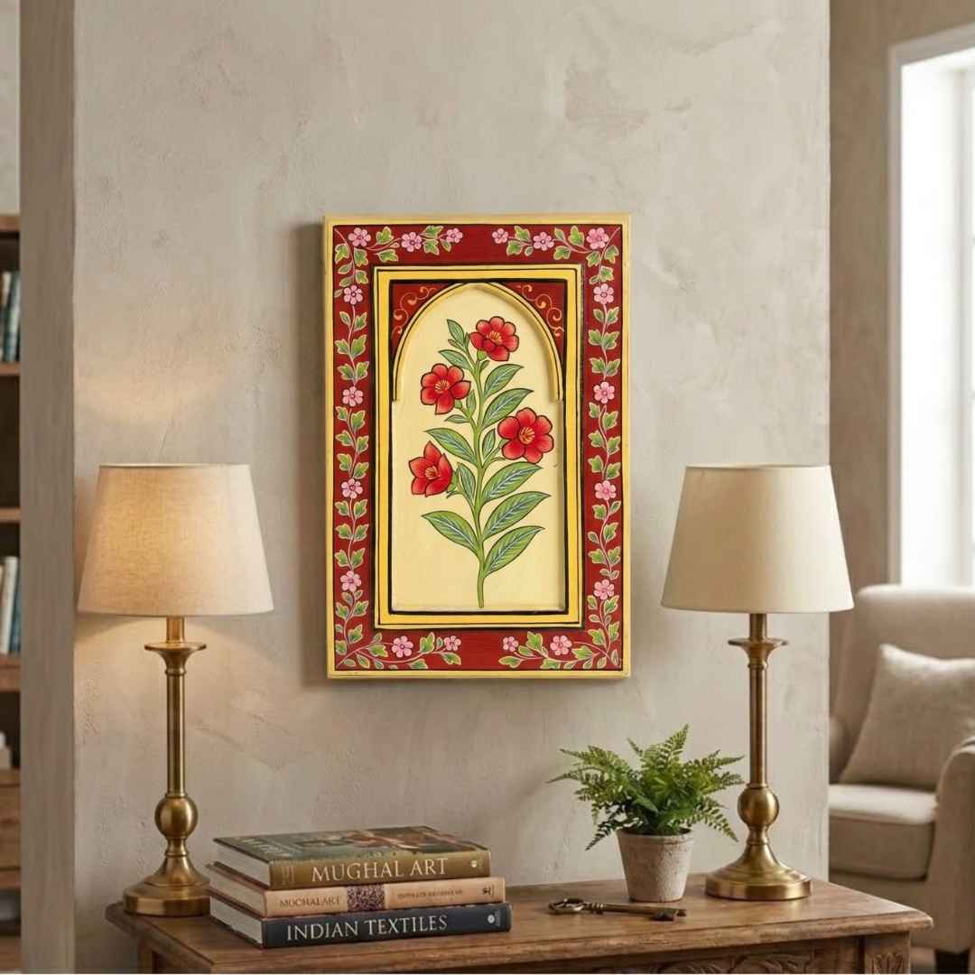 Atrangi Studio Wooden wall frame - Gulnar red floral handpainted wooden wall frame styled on entryway console