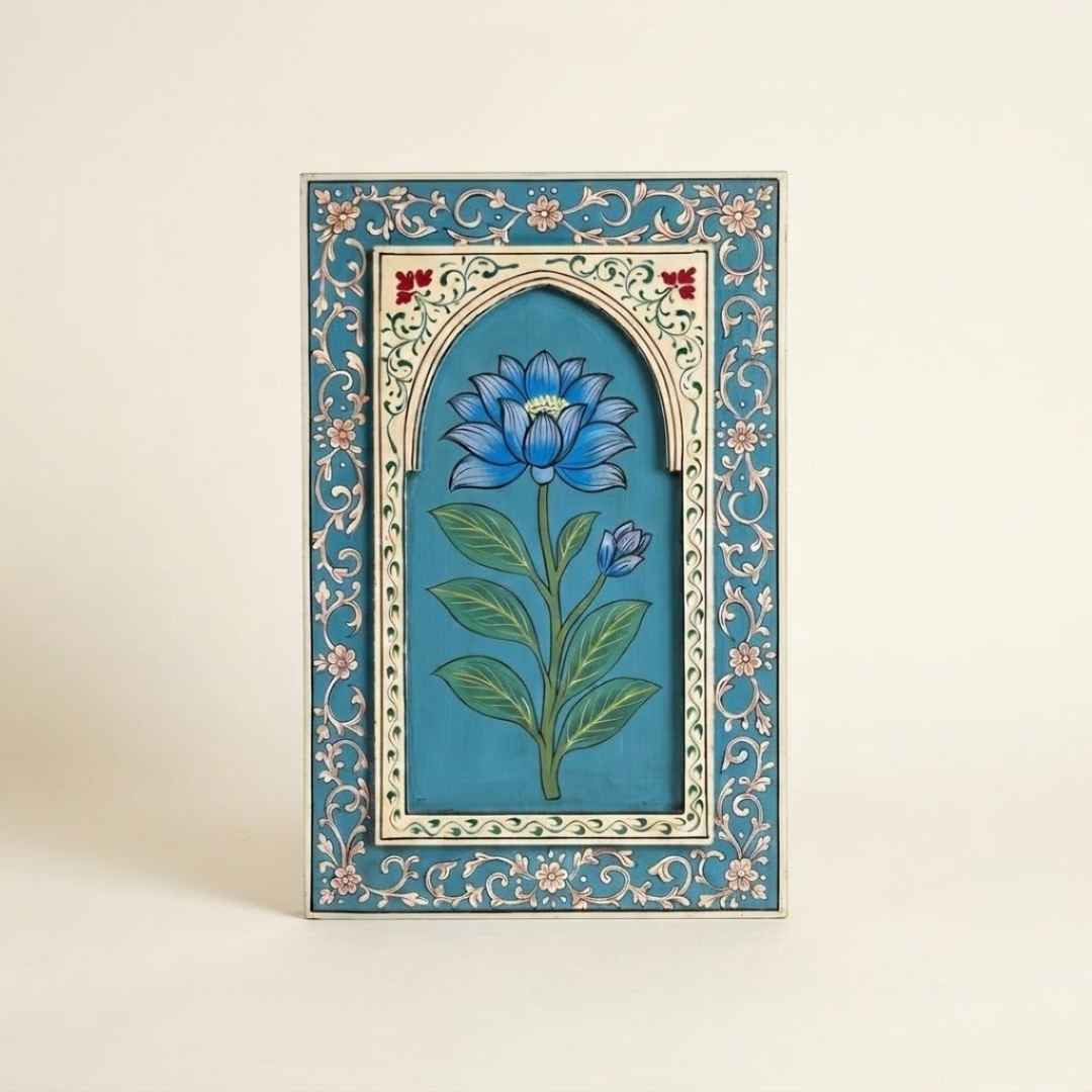 Atrangi Studio Wooden wall frame - Neelkamal blue handpainted wooden wall frame with lotus floral artwork