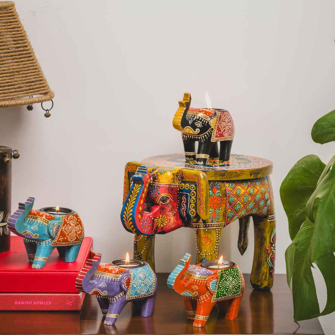 Mehendi Decorative Elephant & Candle Holder Set