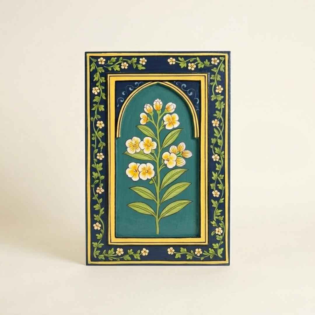 Atrangi Studio Wooden wall frame - Chameli indigo handpainted wooden wall frame with jasmine floral artwork