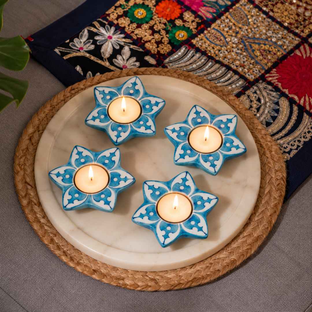 Daisy Blue Pottery Candle Holder - Light Blue (Set Of 4)