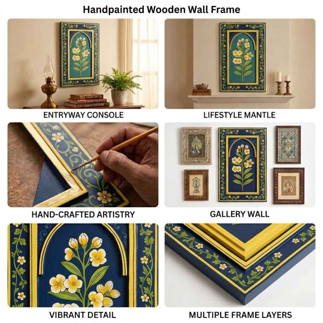 Atrangi Studio Wooden wall frame - Chameli indigo jasmine handpainted wooden wall frame styling ideas and close up details