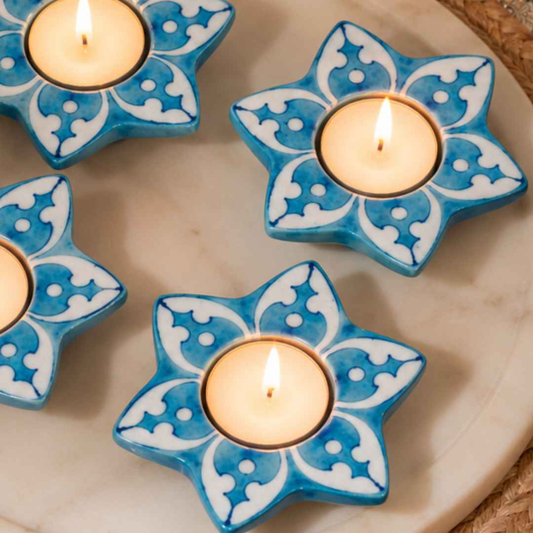 Daisy Blue Pottery Candle Holder - Light Blue (Set Of 4)