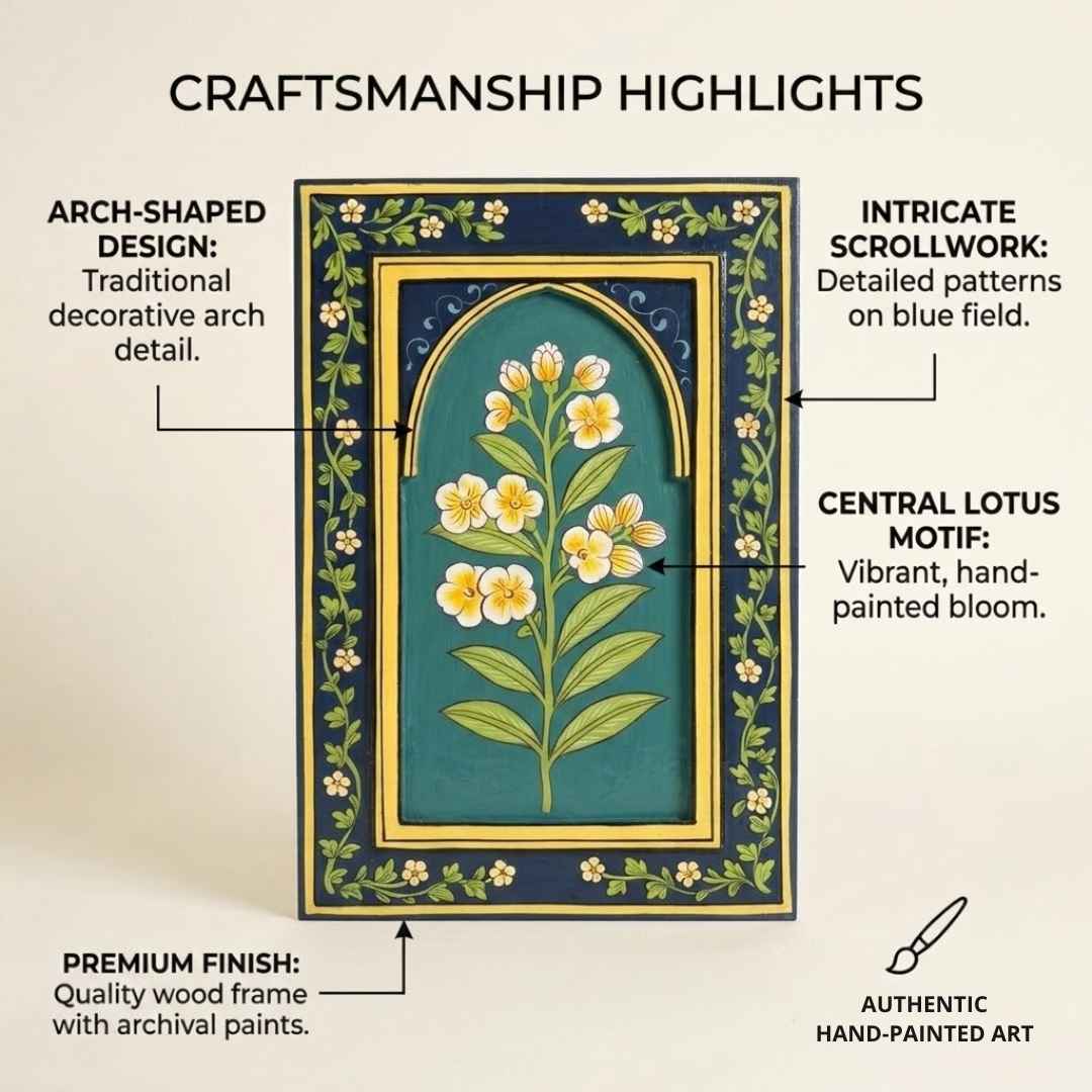 Atrangi Studio Wooden wall frame - Chameli jasmine wall frame highlighting handpainted craftsmanship and decorative arch