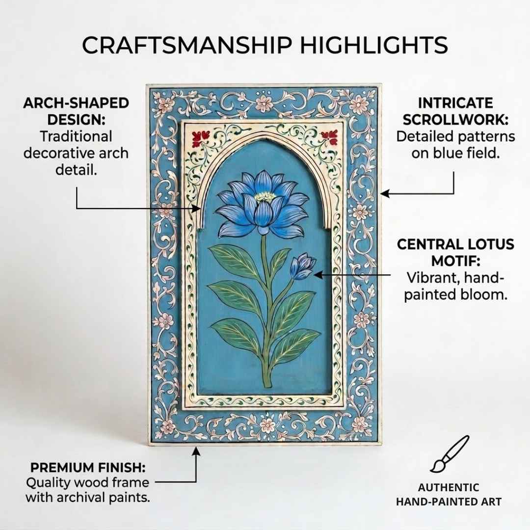 Atrangi Studio Wooden wall frame - Neelkamal lotus wall frame highlighting handpainted craftsmanship and decorative arch design