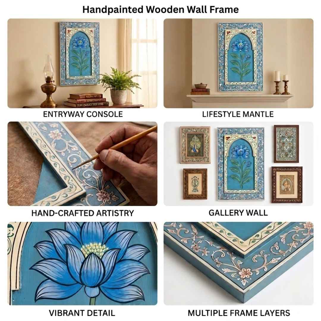 Atrangi Studio Wooden wall frame - Neelkamal blue lotus handpainted wooden wall frame styling ideas and close up details