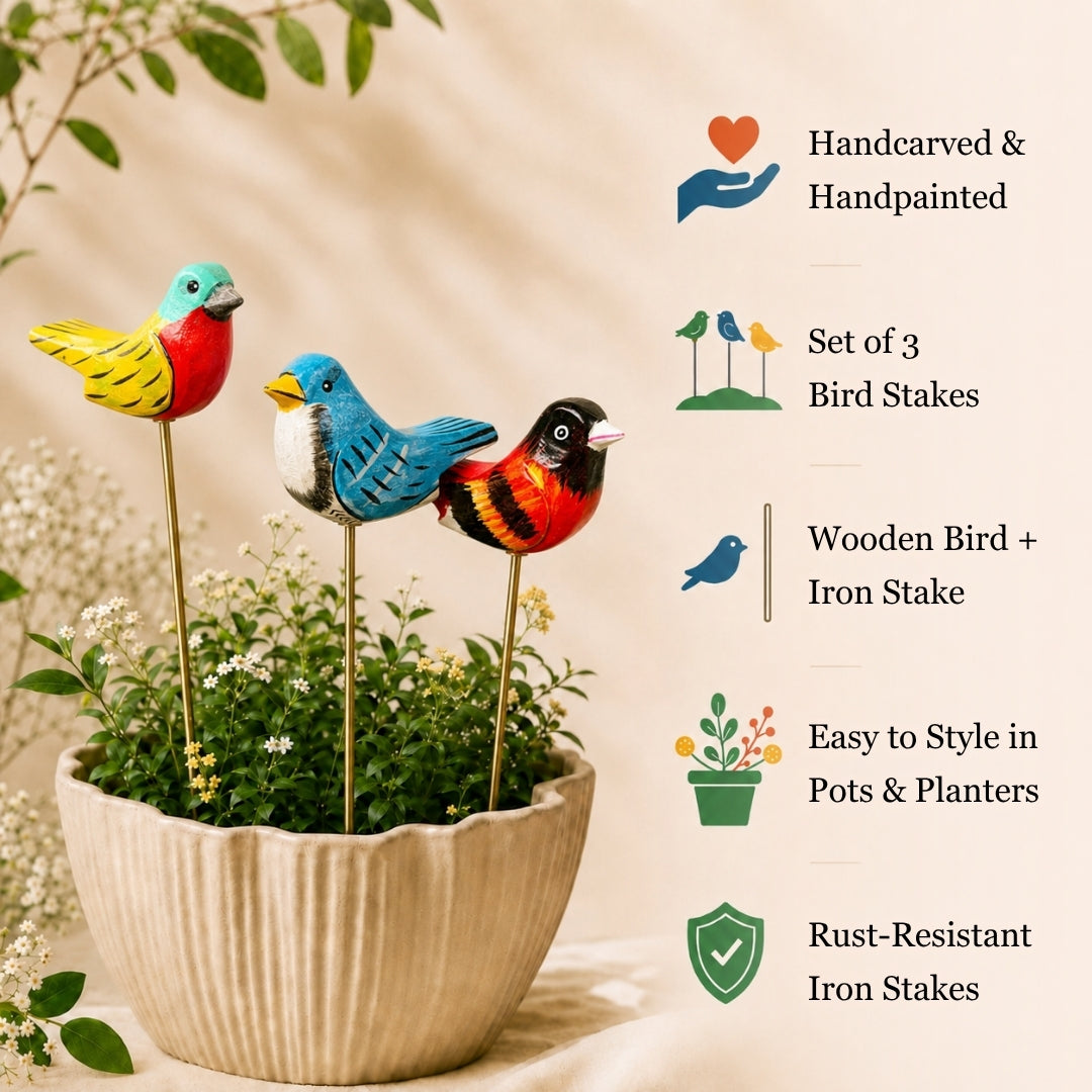 Blue Bird Wooden Garden Stake (Set Of 3)