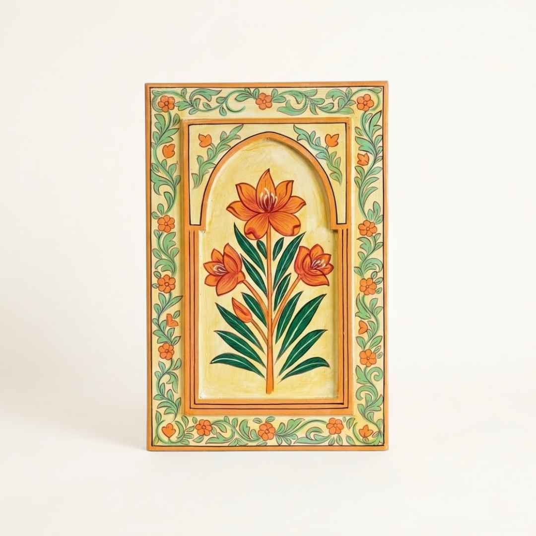 Atrangi Studio Wooden wall frame - Kesari saffron handpainted wooden wall frame with floral artwork