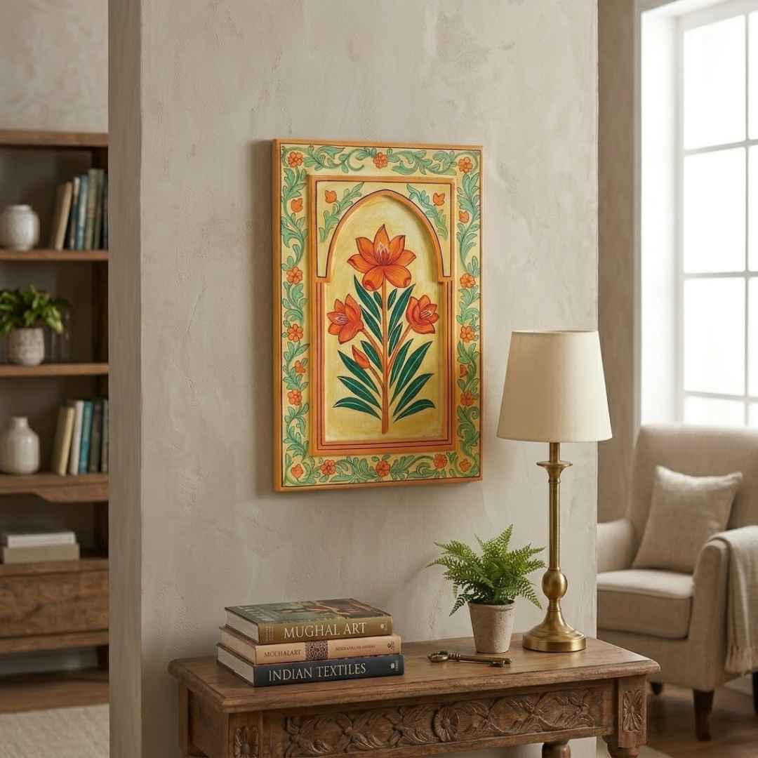 Atrangi Studio Wooden wall frame - Kesari saffron floral handpainted wooden wall frame styled on entryway console