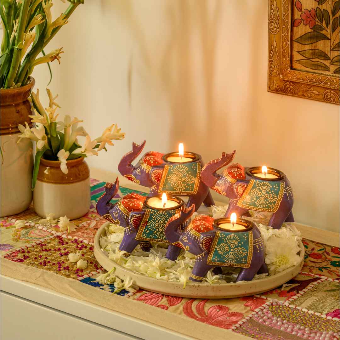 Purple Handpainted Elephant Candle Holder (Set Of 4)