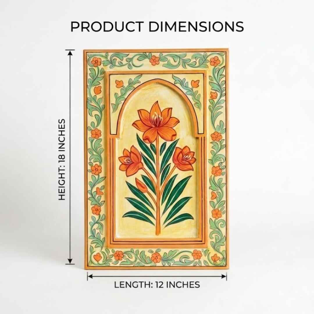 Atrangi Studio Wooden wall frame - Kesari saffron handpainted wooden frame showing 12 x 18 inch wall decor dimensions