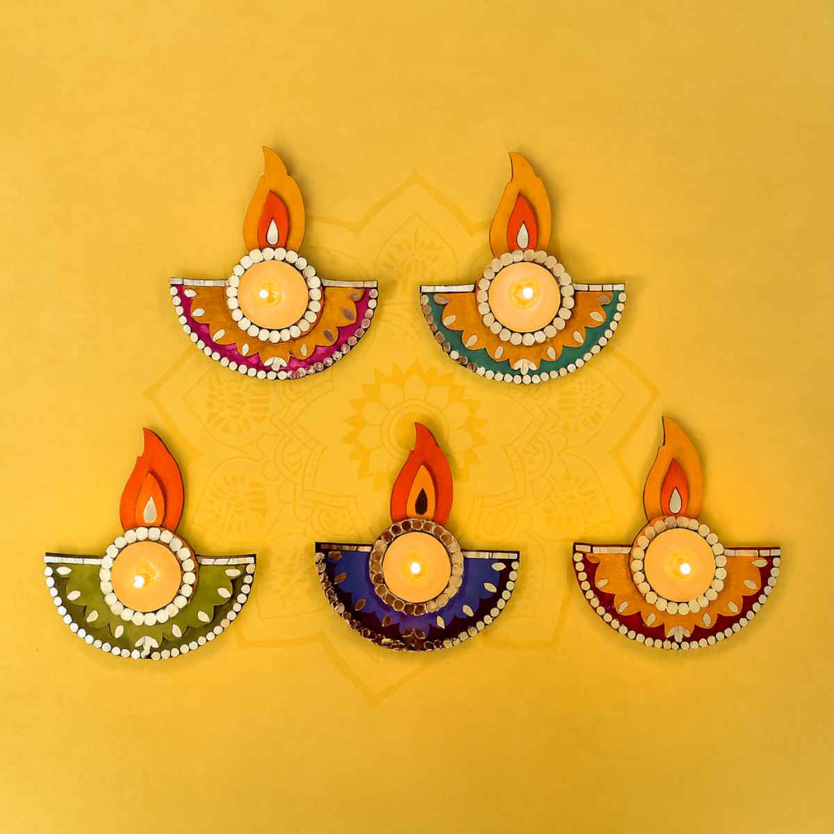 Diya Mirror work Tealight Holder (Set Of 5)