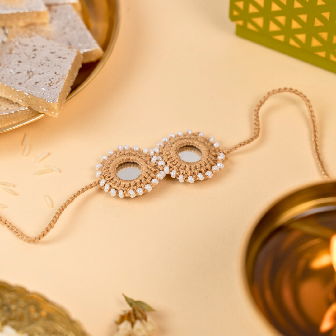 Atrangi Studio Beige Mirror Crochet Rakhi