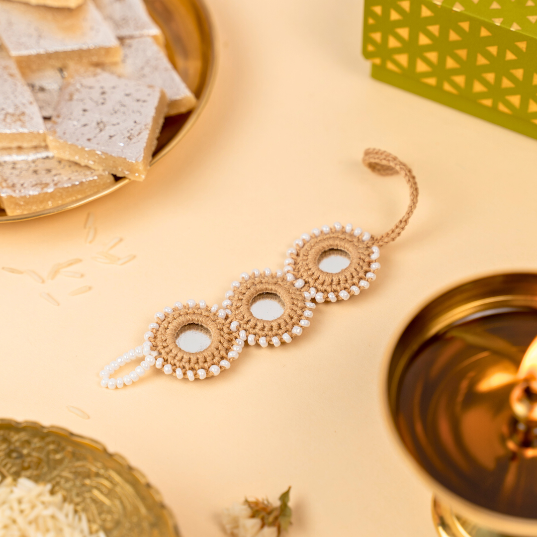 Beige Mirror Crochet Rakhi (2 Pieces)