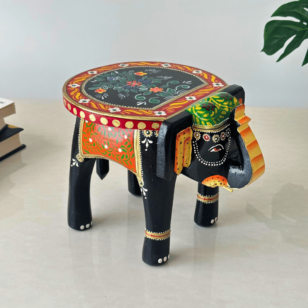 Black Handpainted Wooden Elephant Stool