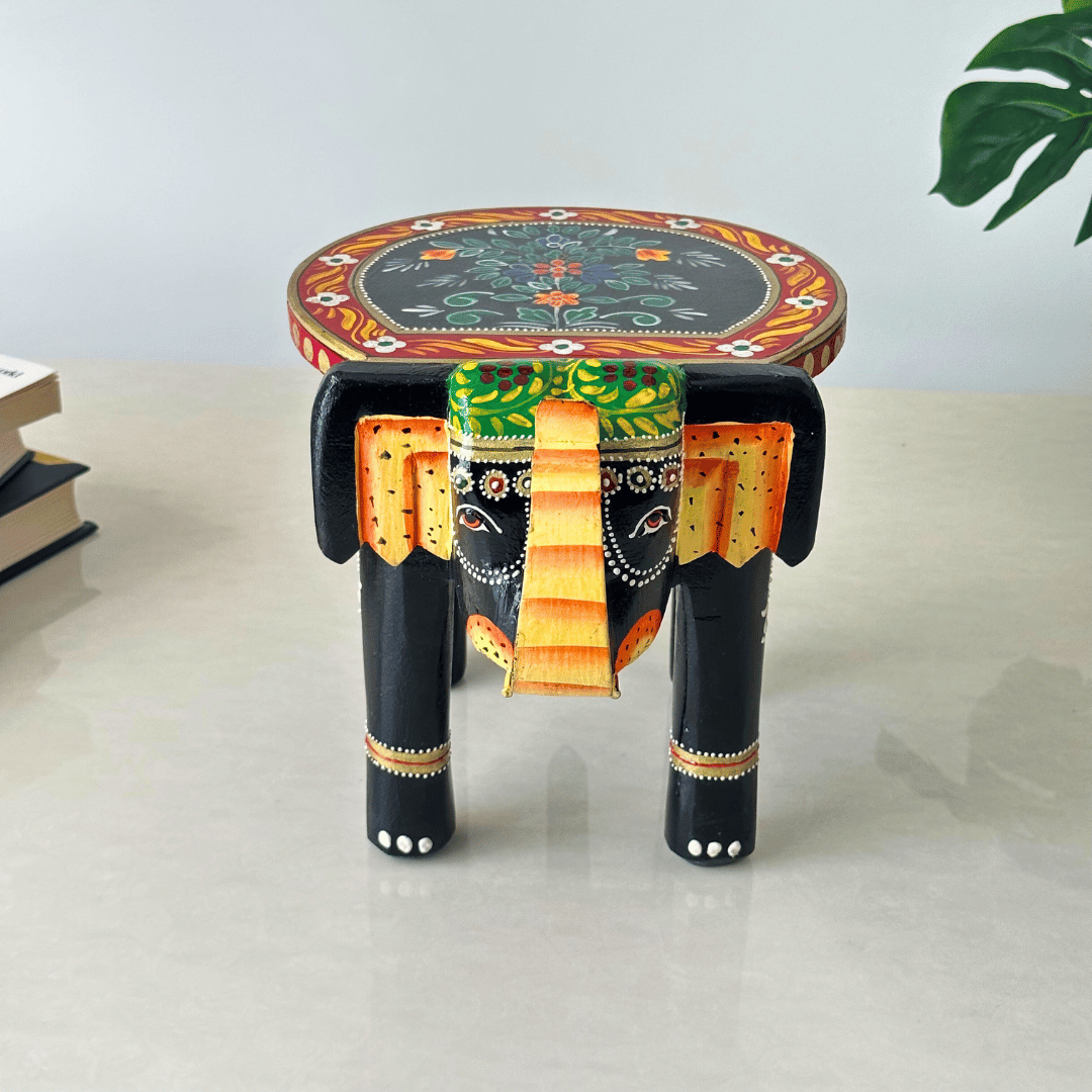 Black Handpainted Wooden Elephant Stool