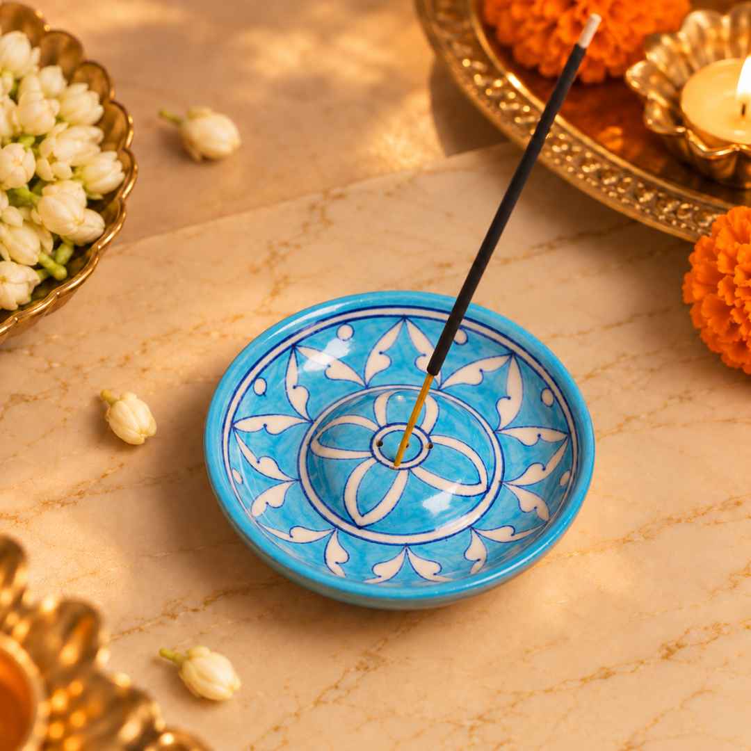 Handcrafted Light Blue Incense Holder for pooja and festive decor