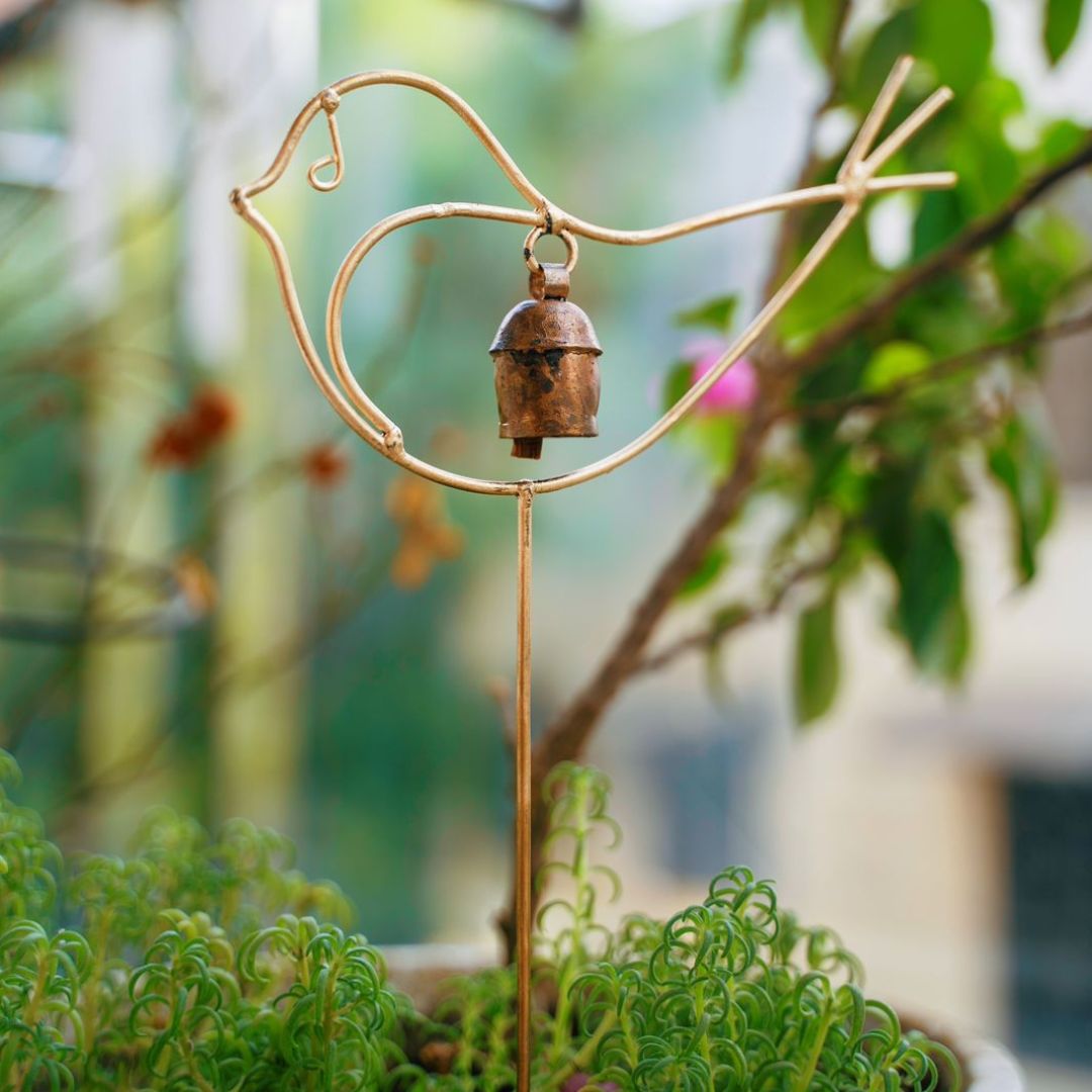Atrangi Studio Bird Copper Bell Garden Stake