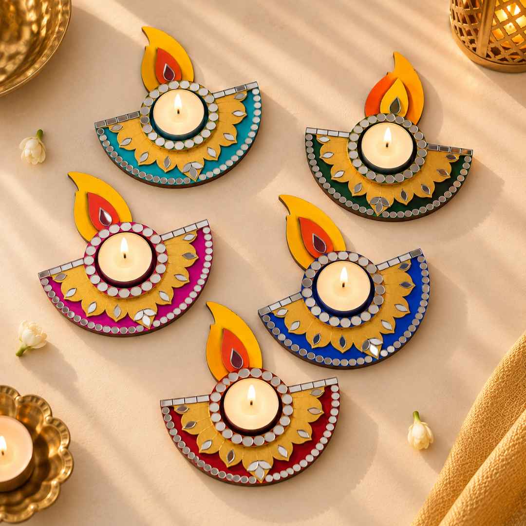 Handpainted Mirror Work Tealight Holders (Set of 5 – Assorted Colours)