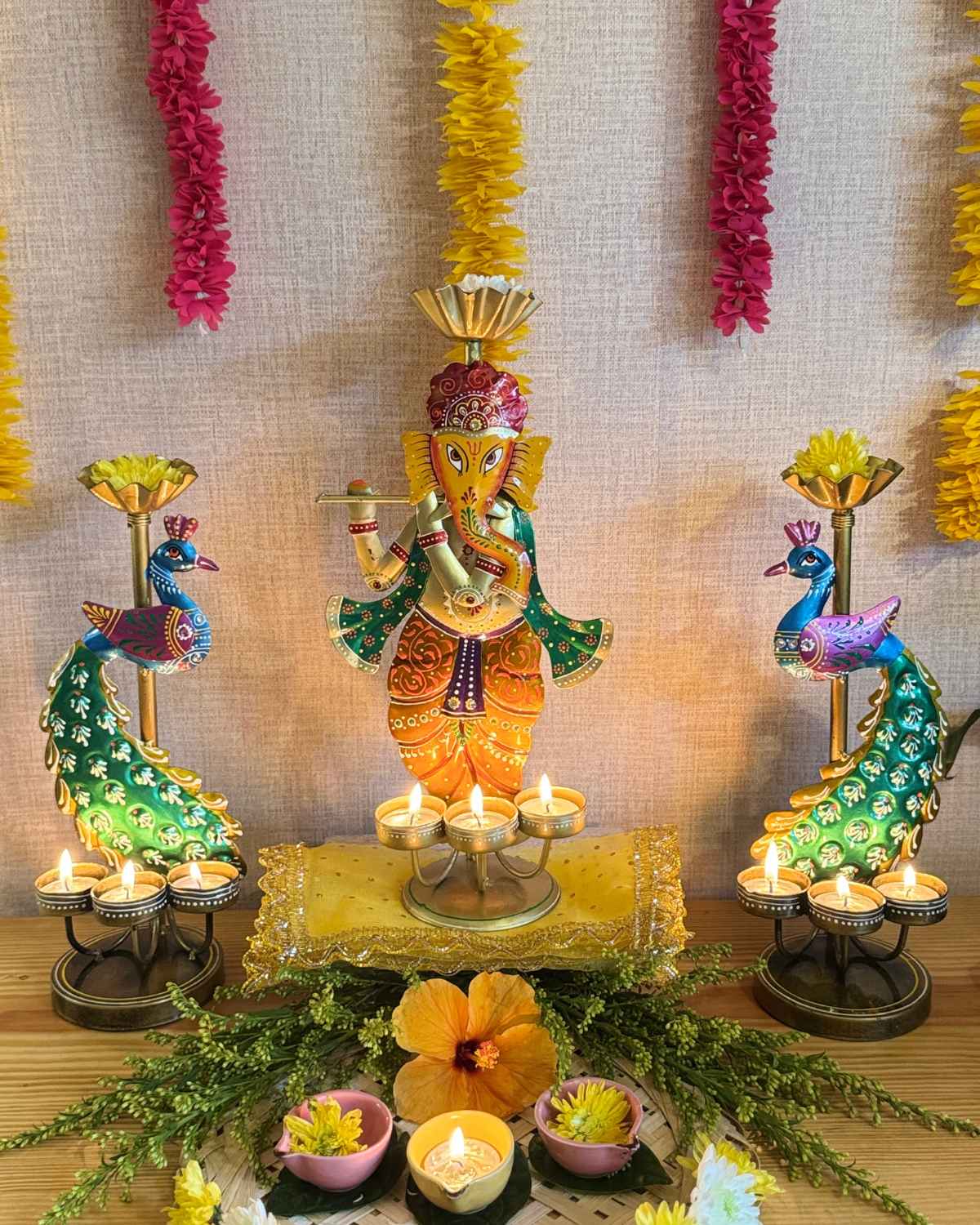 Ganesha and Peacock Iron Tealight Holders - Set of 3 Handcrafted