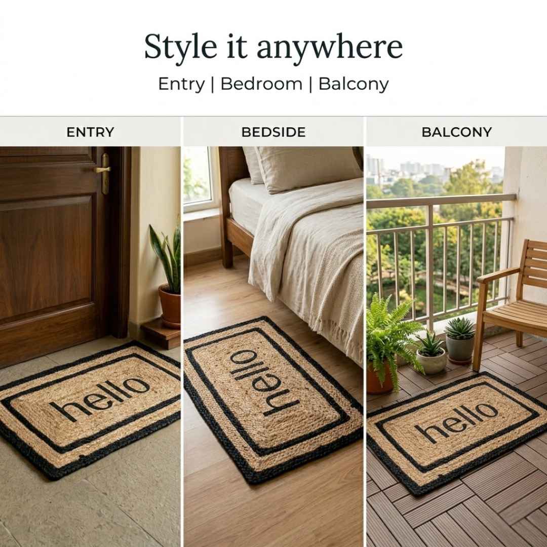 Close up of braided natural jute doormat with black border detail