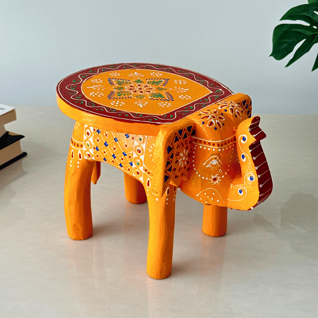 Orange Handpainted Wooden Elephant Stool
