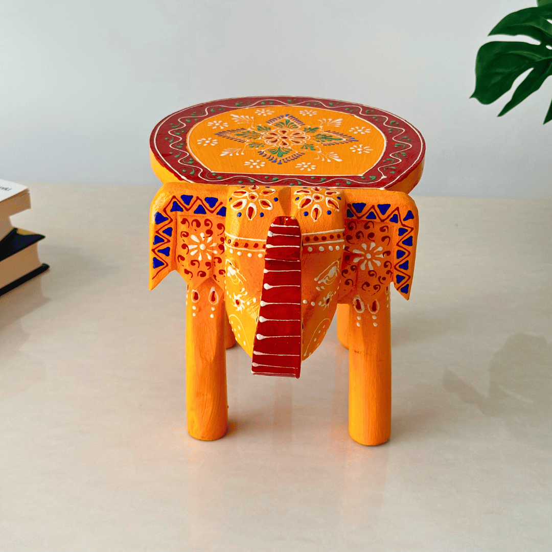 Orange Handpainted Wooden Elephant Stool