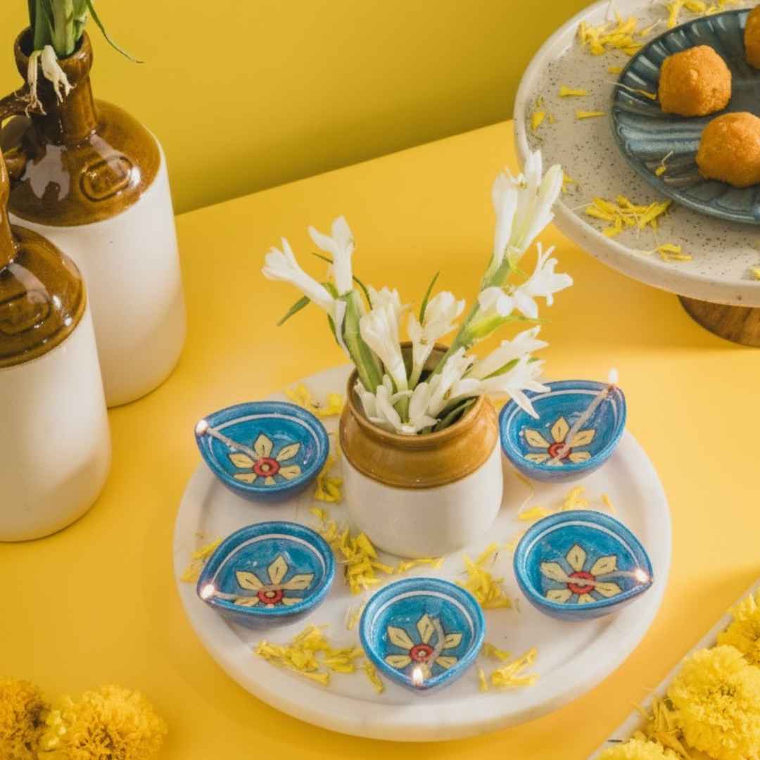 Assorted Blue Pottery Diya (Set Of 10)