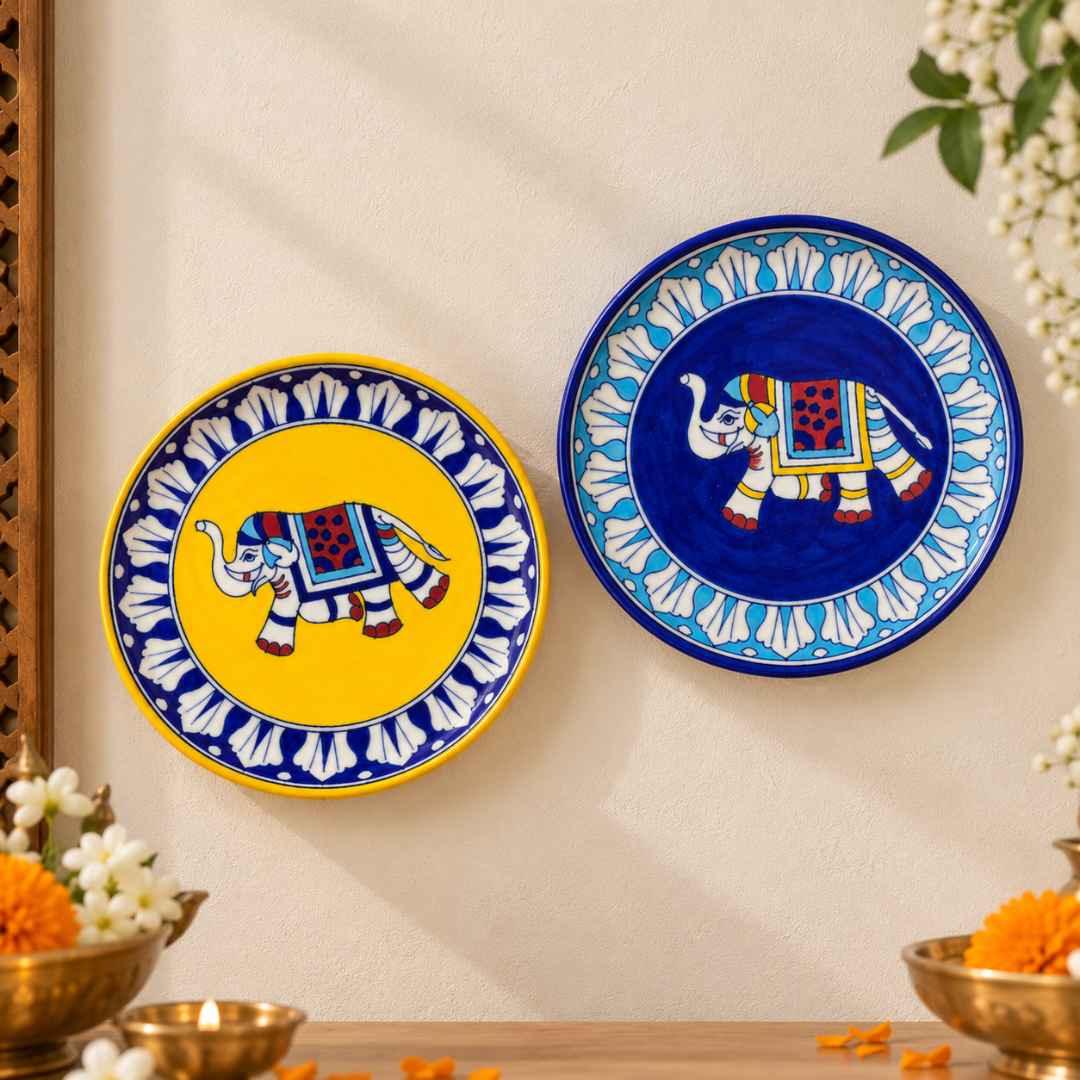 Yellow and blue handpainted Blue Pottery elephant wall decor set