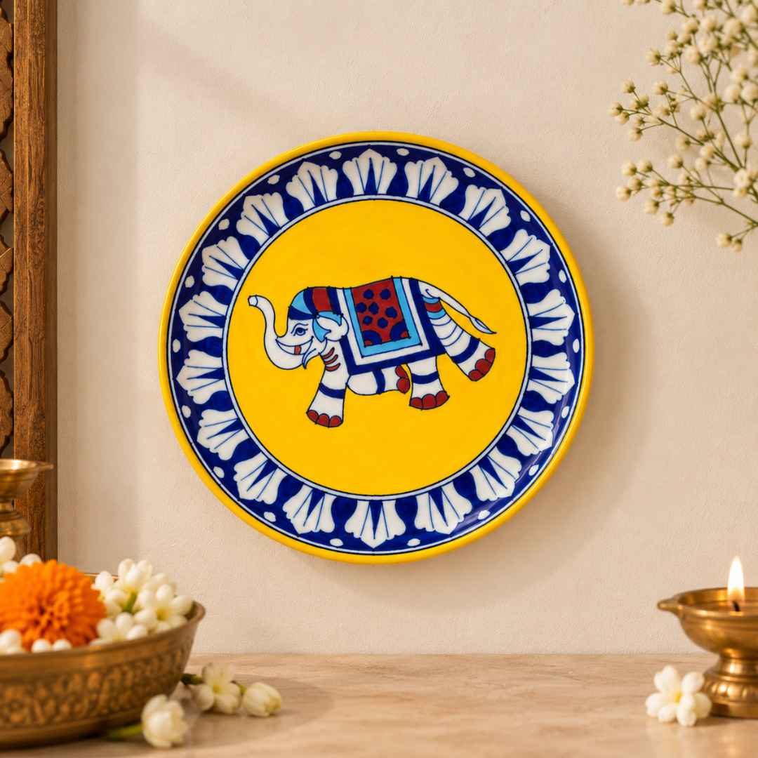Handcrafted yellow and blue Elephant Blue Pottery decorative wall plate