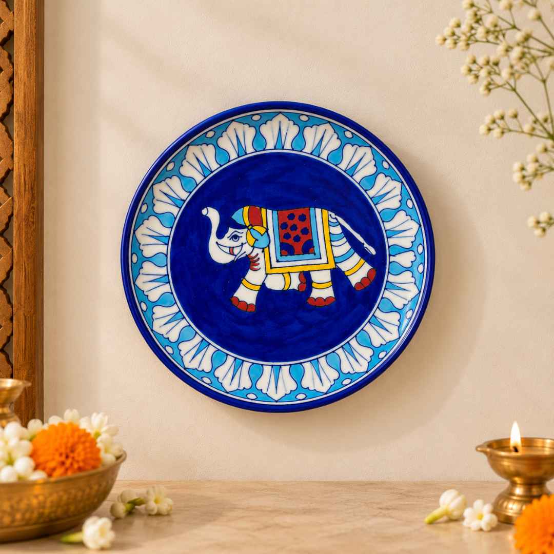 Handcrafted blue and turquoise Elephant Blue Pottery decorative wall plate
