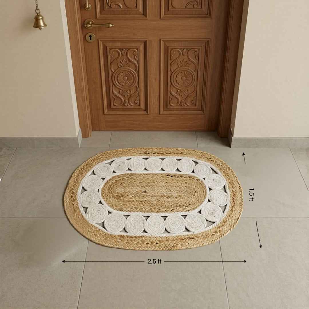 Oval jute mat with white hoops pattern for living room and bedroom decor