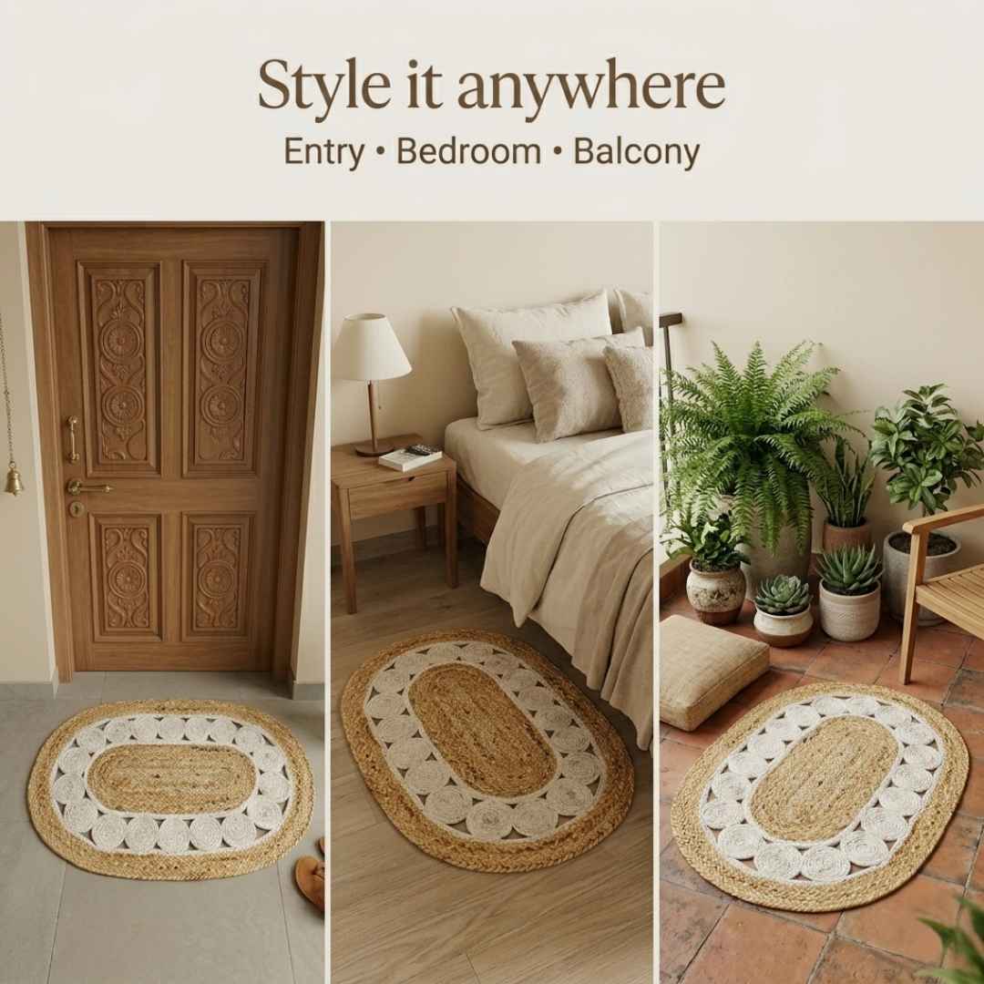 Close up of white circular hoops detail on natural jute oval mat