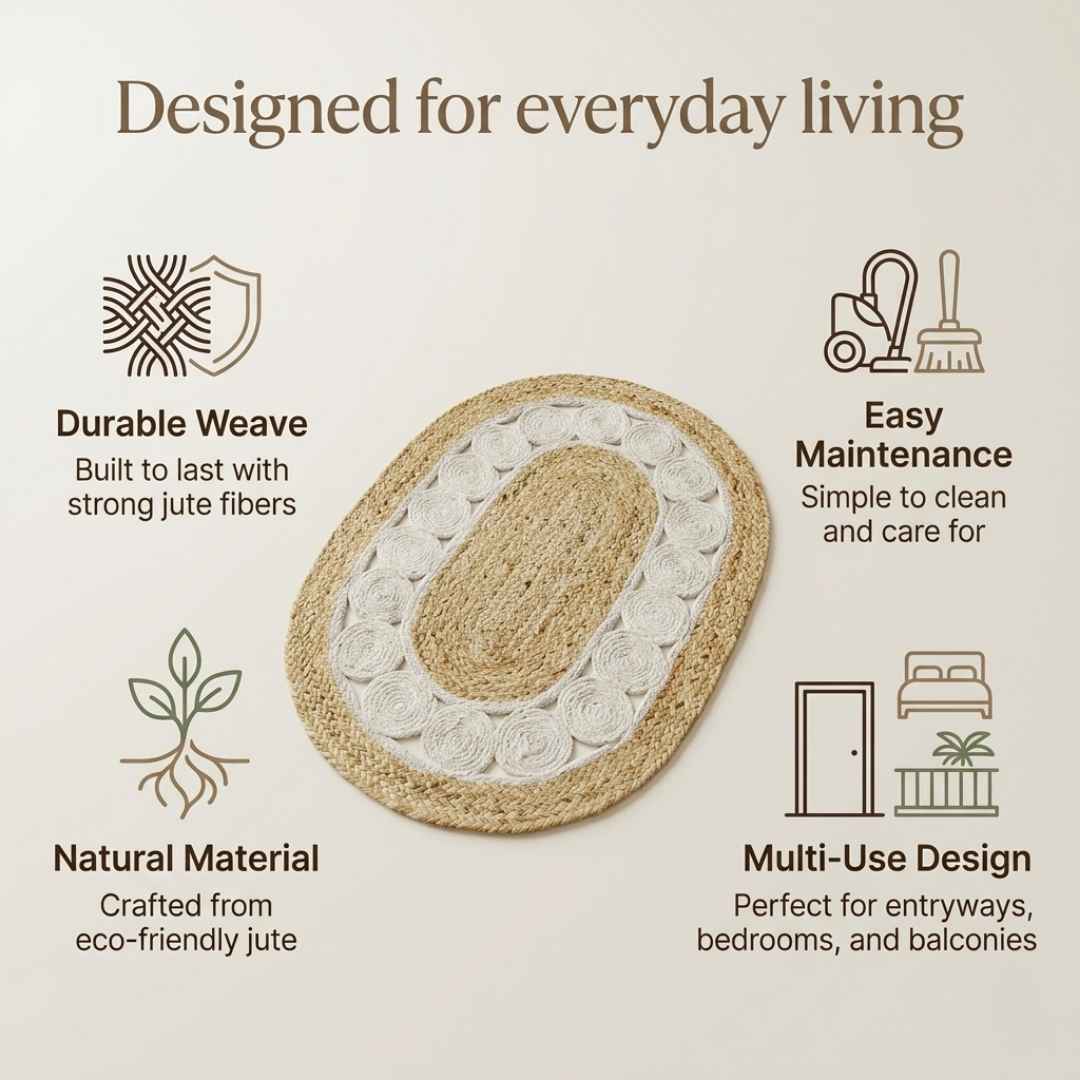 Oval jute mat with white hoops pattern for living room and bedroom decor