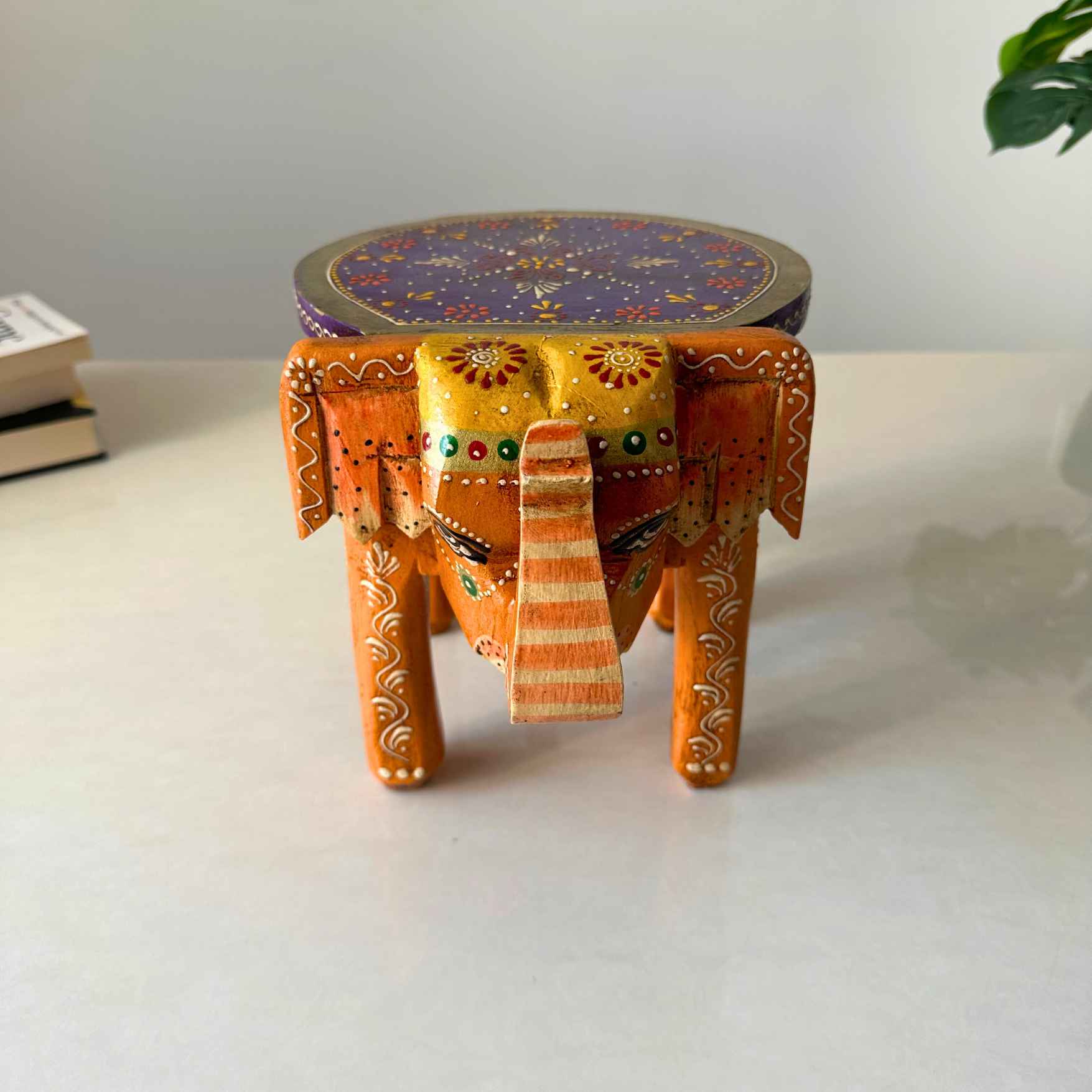 Orange Handpainted Wooden Elephant Stool