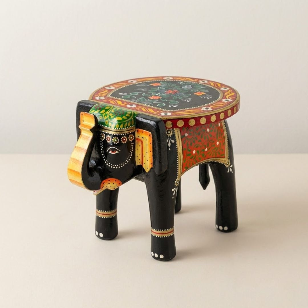 Black Colourful Handpainted Wooden Elephant Stool