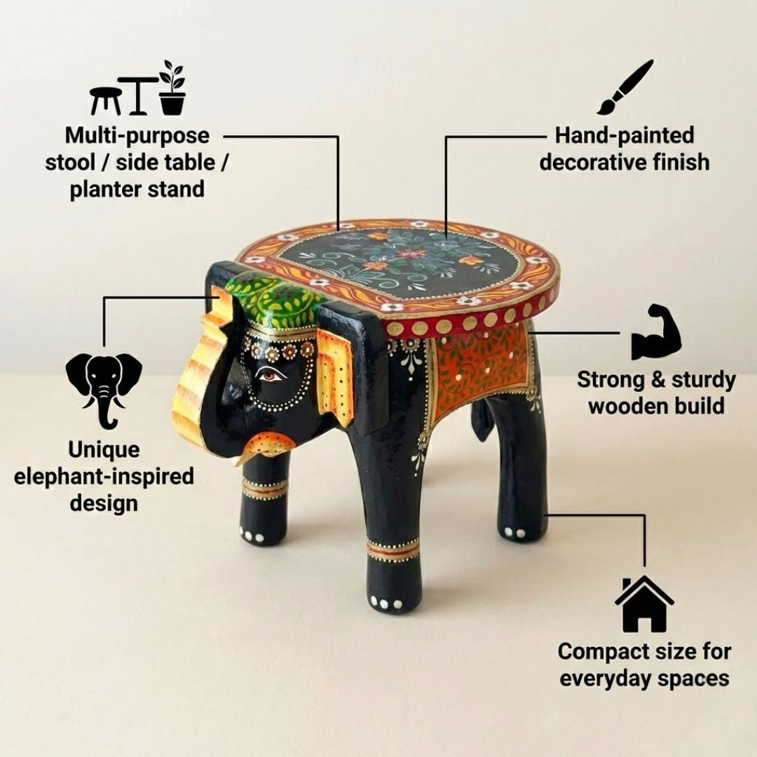 Black Colourful Handpainted Wooden Elephant Stool