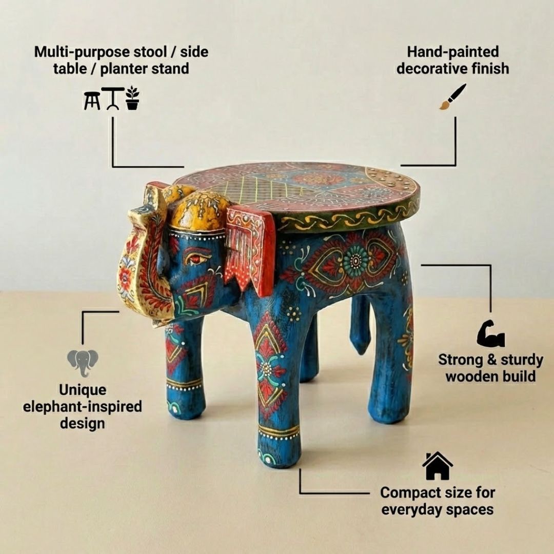 Blue Handpainted Wooden Elephant Stool