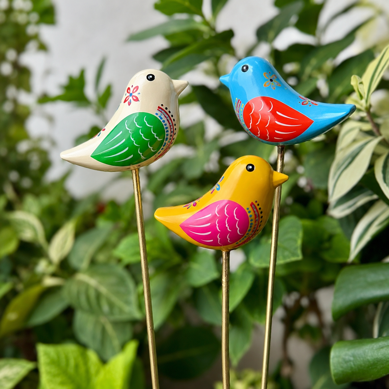 Chirpy Bird Wooden Garden Stake (Set Of 3)