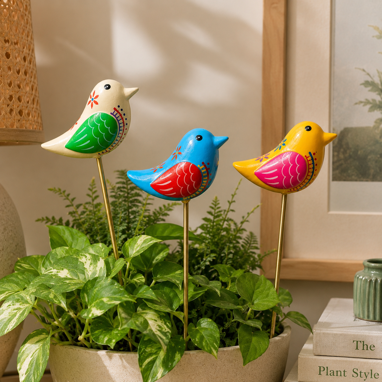 Chirpy Bird Wooden Garden Stake (Set Of 3)