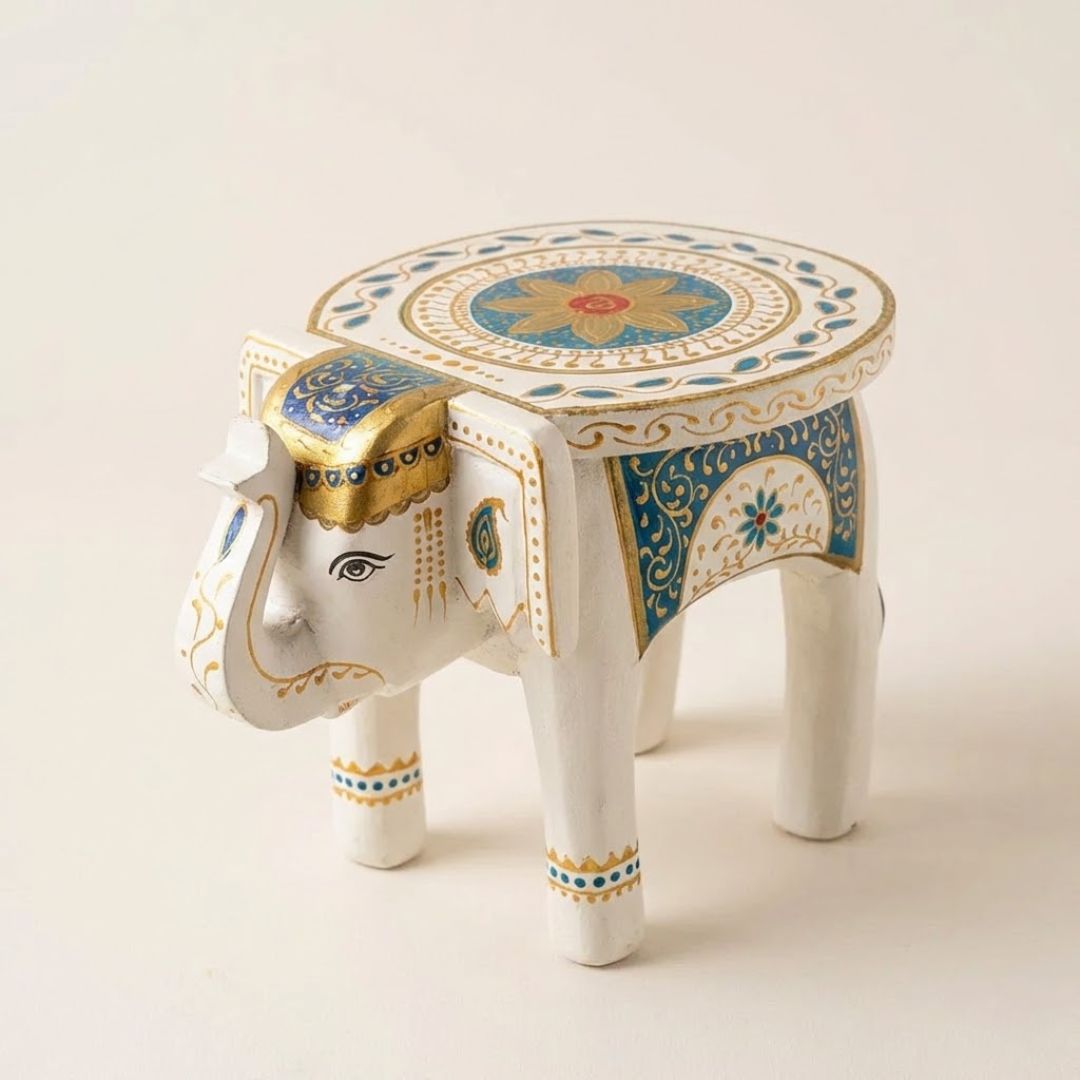 Classic White Handpainted Wooden Elephant Stool