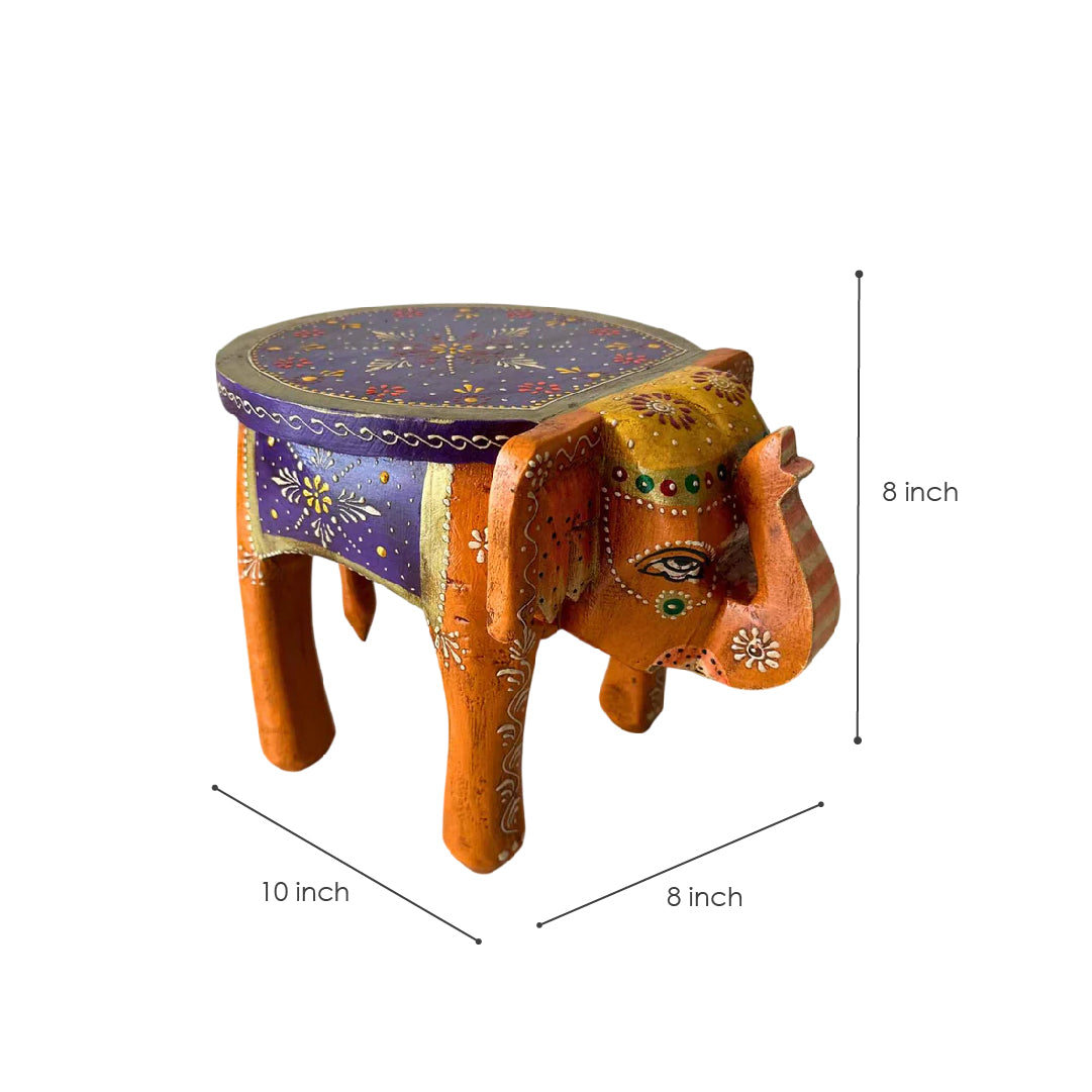 Orange Handpainted Wooden Elephant Stool