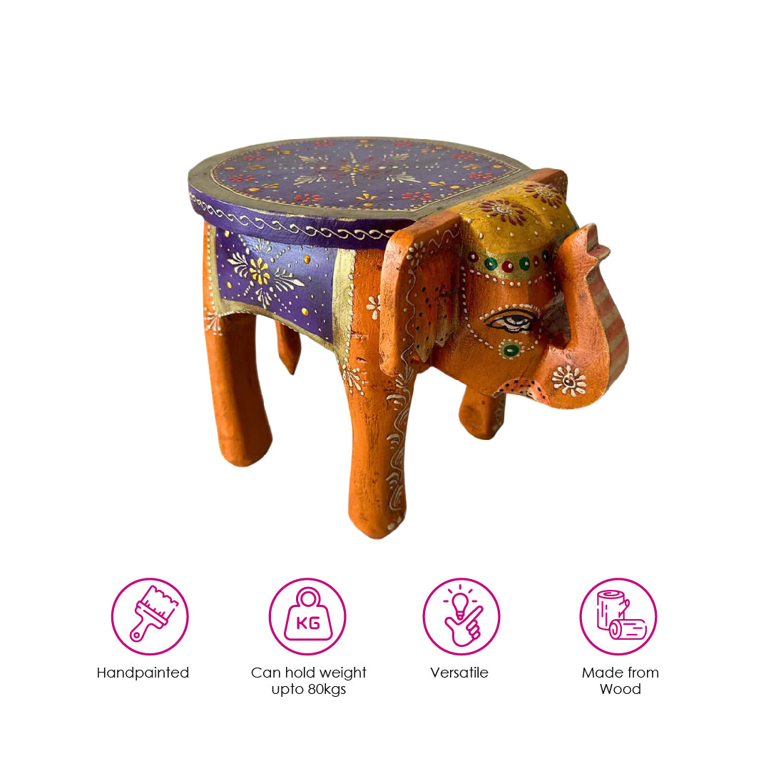 Orange Handpainted Wooden Elephant Stool