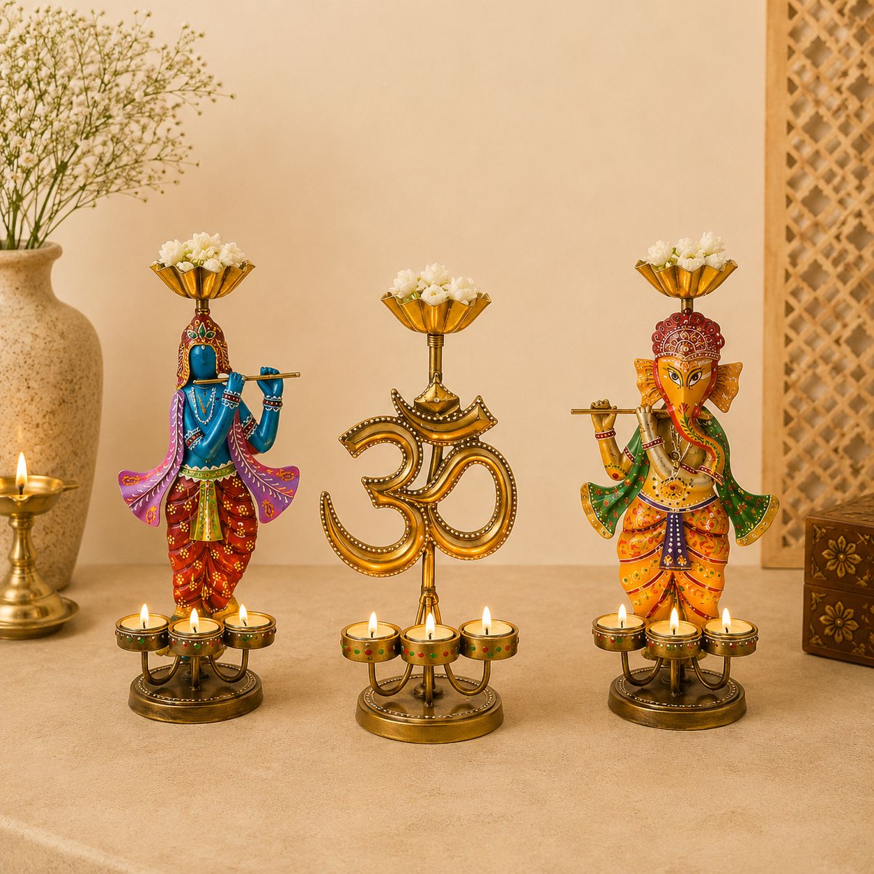 Spiritual Combo - Ganesha, Krishana, Om Iron Tealight Holders