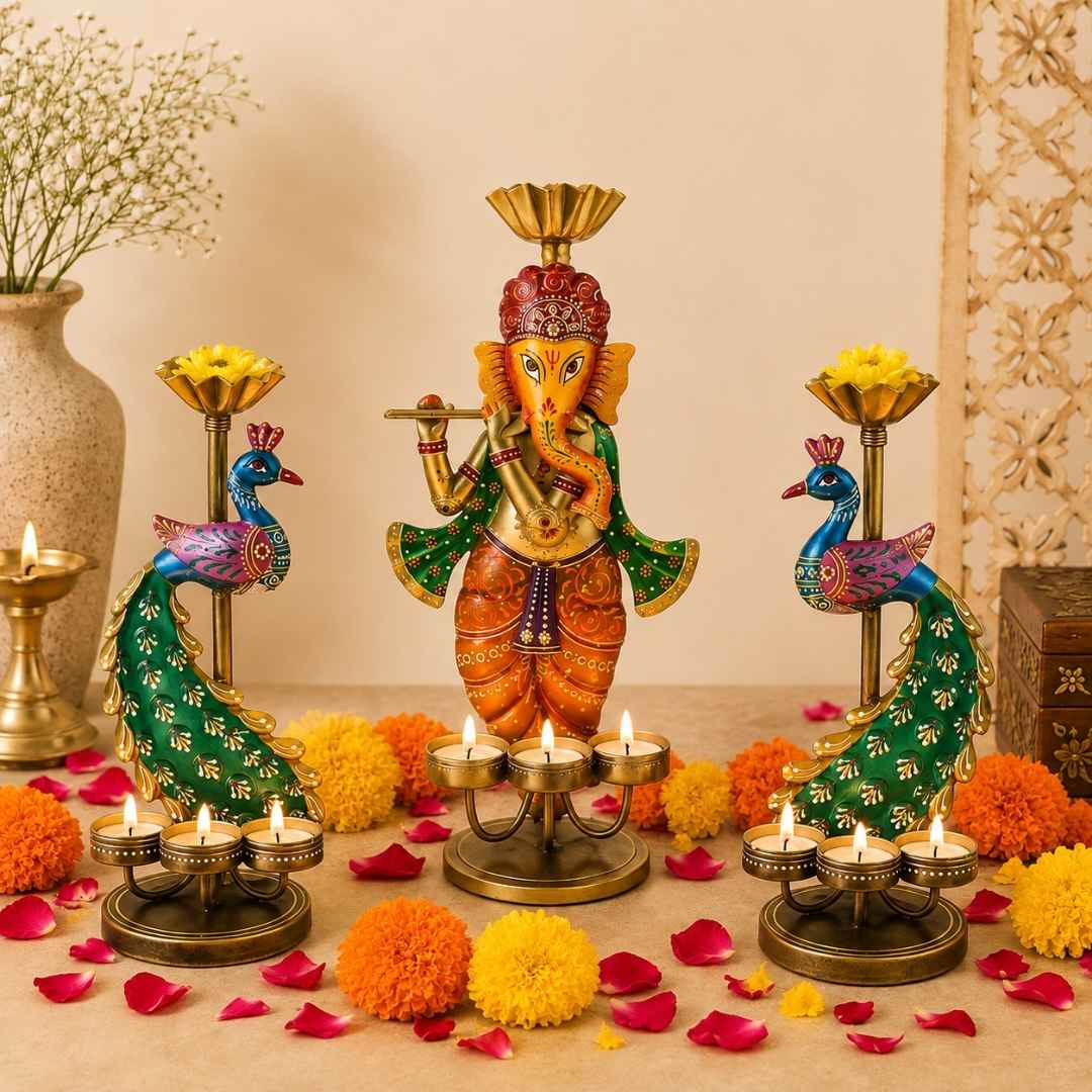 Ganesha & Peacock Iron Tealight Holder