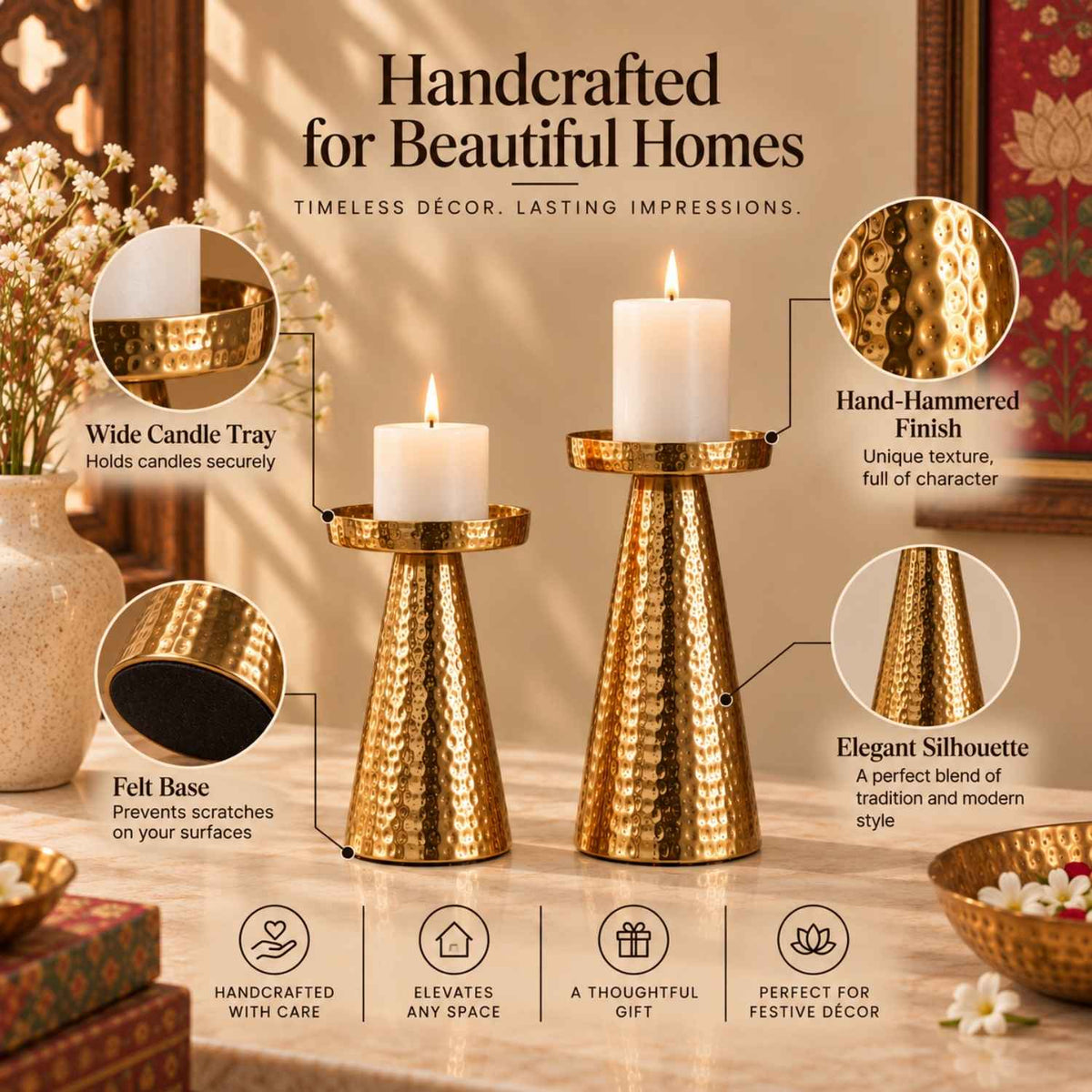 Gold Hammered Candle Holder (Set of 2)