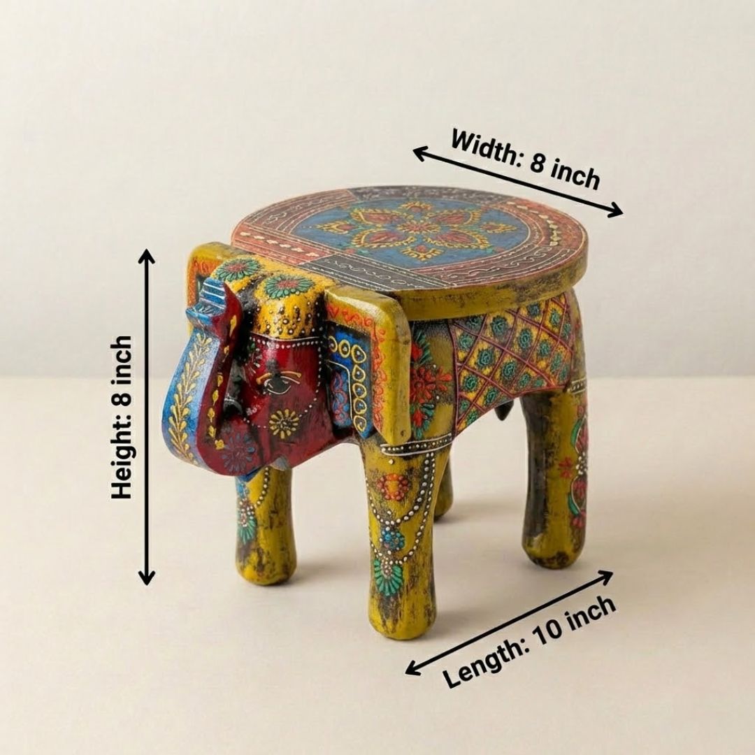 Mehendi Green Handpainted Wooden Elephant Stool